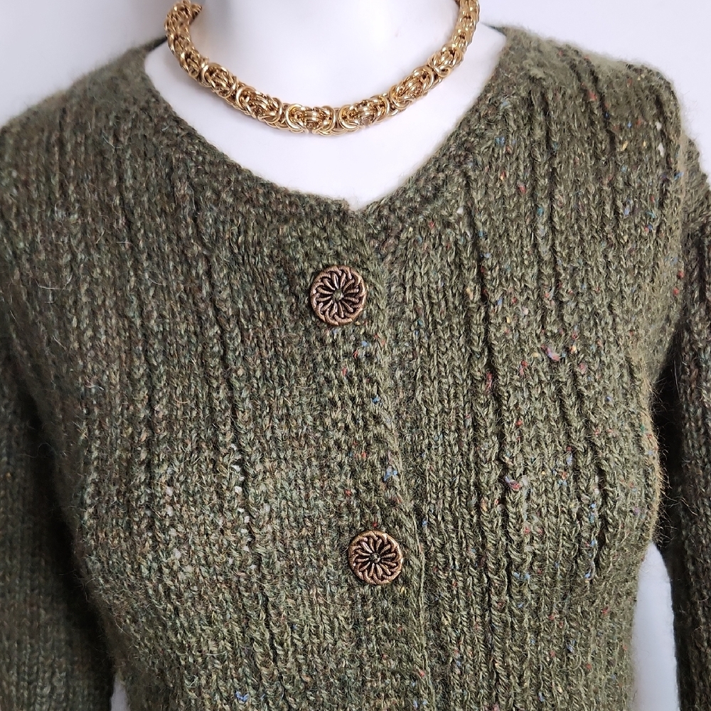 Handmade Olive Green Knit Cardigan with Decorative Goldtone Buttons